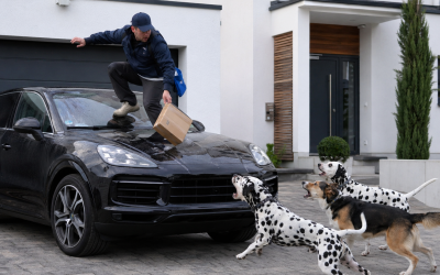 Drei Hunde, ein Porsche und ein Paketbote auf der Motorhaube